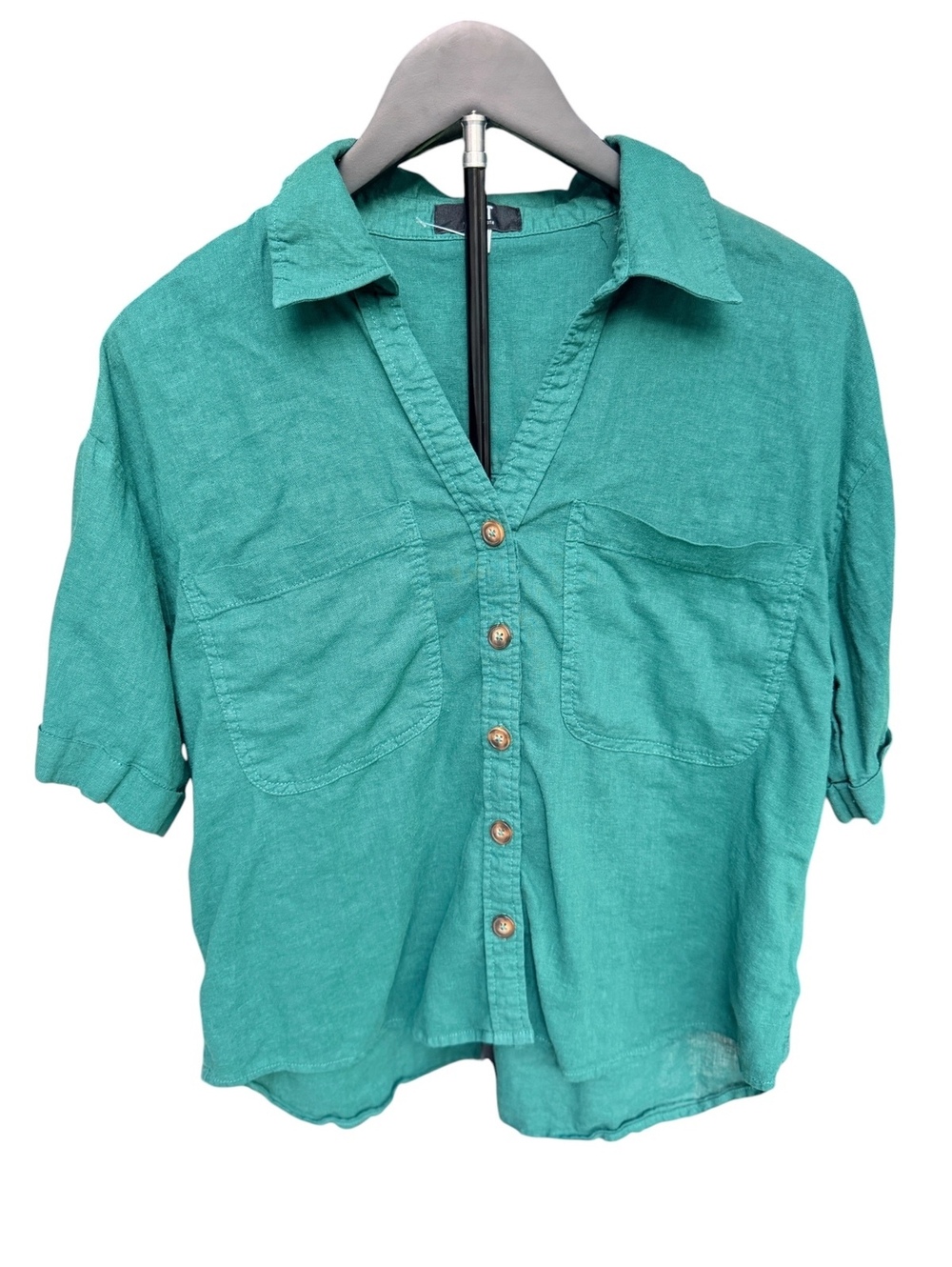 Kut from the Kloth Women's Linen Rayon Button-Up Shirt Medium Teal Green